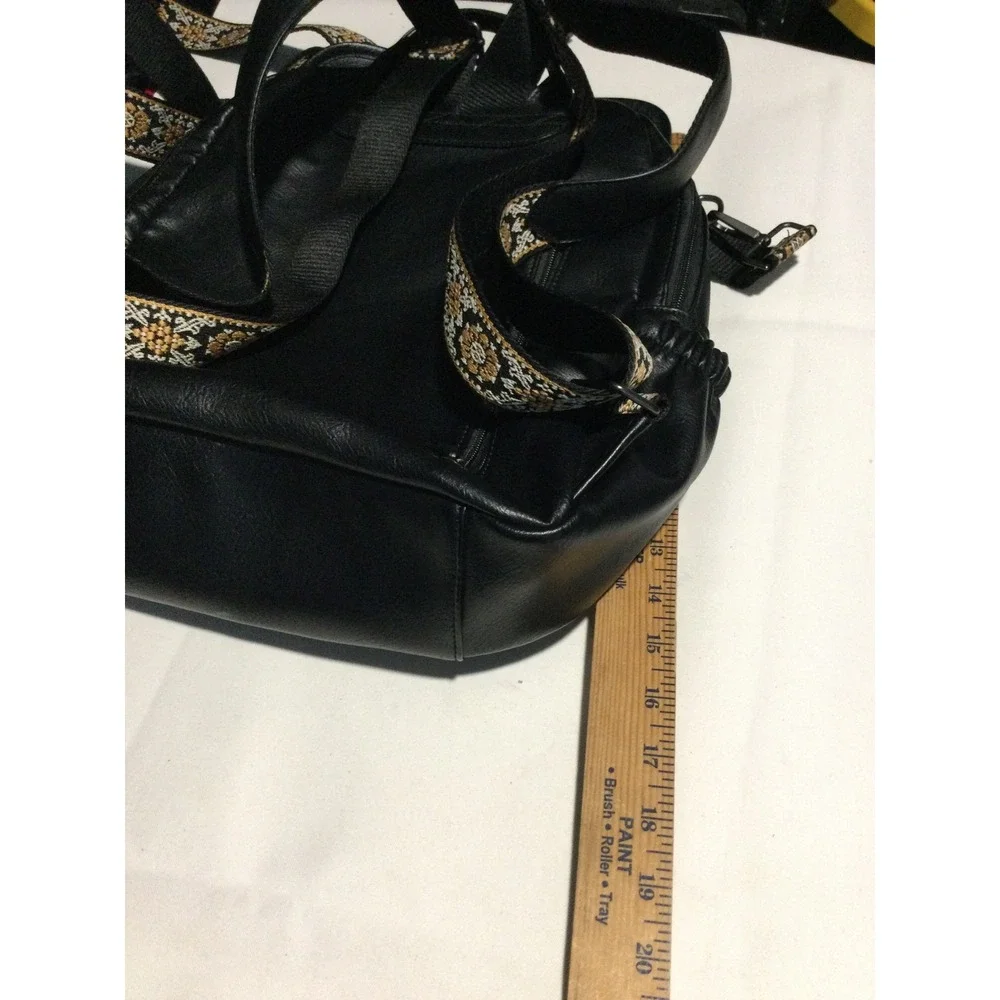 HKCLUB Black Faux Leather Studded Backpack‎ with Woven Guitar Strap Boho Bag